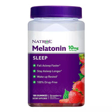 Natrol melatonin gummies bottle, purple cap, strawberry front label