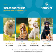 Dog soft chew directions chart with dog weight categories and chew counts