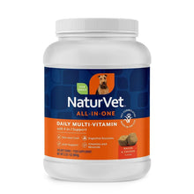 NaturVet daily multi-vitamin supplement bottle for dogs, front label with icon list