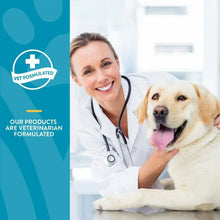 Vet holding a yellow Labrador beside a vet formulated badge