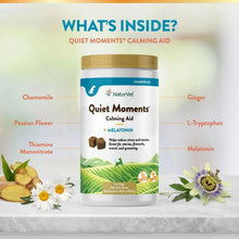 Dog calming soft chews bottle with ingredient callouts and melatonin