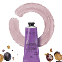 Hand cream tube with black cap, purple, with embossed cream swirl around it