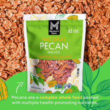 Natural pecan halves pouch, 32 oz, front view with pecan pieces behind