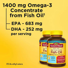 Nature Made fish oil softgels panel showing 1400 mg omega-3 concentrate, EPA and DHA
