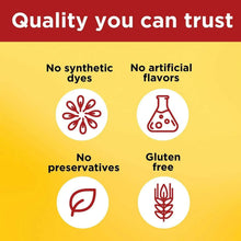 Quality trust badge with icons for no synthetic dyes and no artificial flavors.