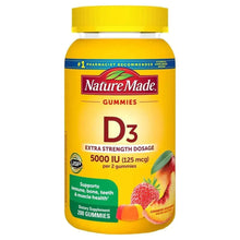 Vitamin D3 extra strength gummies bottle with yellow cap, front label showing D3 5000 IU