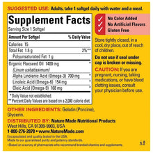 Nature Made Flaxseed Oil softgels bottle back label with Supplement Facts and directions