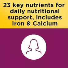 Multivitamin for Her icon graphic showing 23 key nutrients and Iron & Calcium