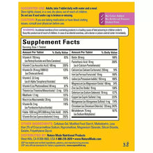 Supplement Facts table for multivitamin tablets, serving size 1 tablet