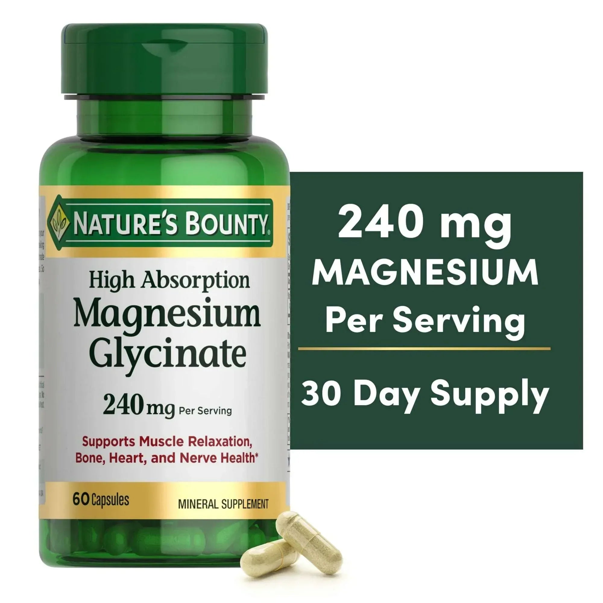 Nature’s Bounty High Absorption Magnesium Glycinate Supplement, 240 mg, Capsules, 60 Count