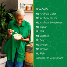 Non-GMO claims panel listing no artificial color, flavor, sweetener, sugar, milk, lactose