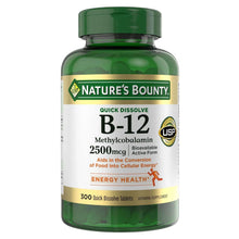 Vitamin B-12 supplement bottle with green cap, front label for 2500 mcg quick dissolve
