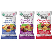 Three Nature's Garden organic trail mix snack packs: Heart Healthy, Omega-3, Cranberry
