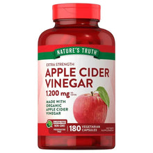 Apple cider vinegar supplement bottle, red cap, front label for 180 vegetarian capsules