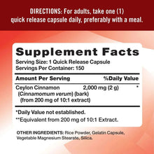 Supplement Facts panel for concentrated Ceylon cinnamon capsules, serving size 1 capsule