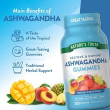 Ashwagandha gummies bottle with tropical fruit illustrations and Nature's Truth branding.
