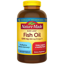 Fish oil softgels bottle with yellow cap, Nature Made Burp-Less label, 1200 mg
