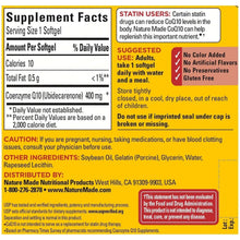 CoQ10 supplement facts label with directions and suggested use, close-up