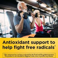 CoQ10 supplement promo card featuring a man lifting weights and antioxidant support text
