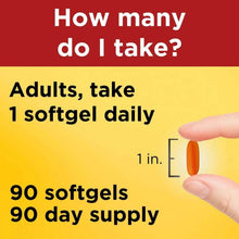 CoQ10 supplement promo card showing daily dosage and 90 softgels