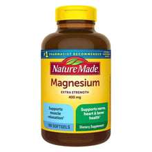 Nature Made magnesium extra strength supplement bottle with yellow cap, brown front label