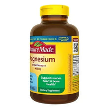 Nature Made magnesium extra strength supplement bottle, side label with barcode and text
