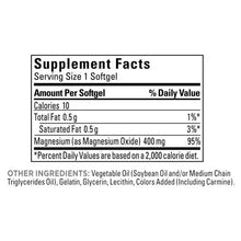 Supplement Facts label for magnesium as magnesium oxide 400 mg, serving size 1 softgel