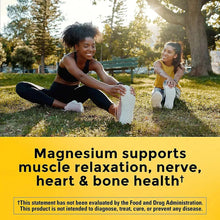 Magnesium citrate supplement ad with people stretching and muscle relaxation text