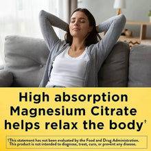 Magnesium citrate supplement ad showing a woman reclining with high-absorption text