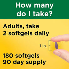 Supplement dosage graphic: adults take 2 softgels daily, 180 count