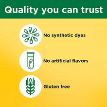 Supplement label graphic: no synthetic dyes, no artificial flavors, gluten free badges