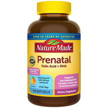 Nature Made Prenatal multivitamin softgels bottle with yellow cap and blue label front