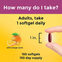 Serving guide graphic showing 1 softgel daily and 150 softgels