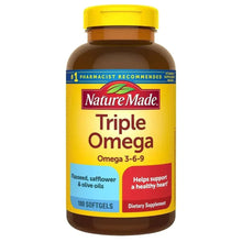 Triple Omega dietary supplement bottle, 180 softgels, yellow cap