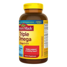 Triple Omega dietary supplement bottle with side label and supplement facts panel