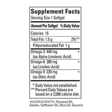 Supplement Facts label showing omega-3, omega-6, omega-9 amounts per softgel