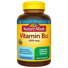 Vitamin B12 dietary supplement bottle with yellow cap, 1000 mcg front label, 400 softgels