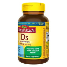 Vitamin D3 supplement bottle side label with yellow cap and dietary supplement text