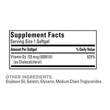 Supplement Facts panel for Vitamin D3 125 mcg (5000 IU) on softgels label