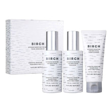 Men's birch facial skincare kit with toner, emulsion, and foam cleanser tubes