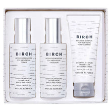 Birch facial skincare kit set in box: toner, emulsion, and foam cleanser