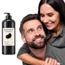 Black bean shampoo bottle with smiling couple and dark hair