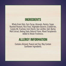 Ingredients and allergy information panel for chewy fruit & nut granola bars