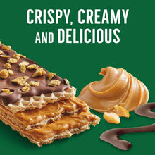 Crispy, creamy wafer snacks with chocolate drizzle and peanut butter pieces