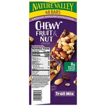 Chewy granola bar box with purple design, Nutrition Facts, and Trail Mix label