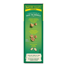Cereal box back panel with honey-almond flavor highlights and fiber claim