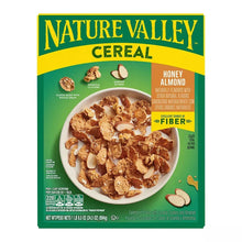 Nature Valley cereal box with honey almond granola clusters and almond slices