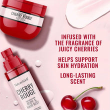 Cherry Rouge body cream jar and body & hair mist bottle with cherry-fruit accents