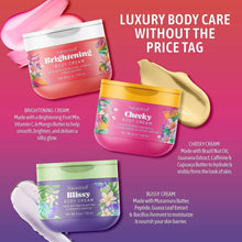 Body cream jars and hair mist bottles with colorful floral labels and caps