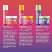 Hair mist and body cream bottles with label panels showing different scents